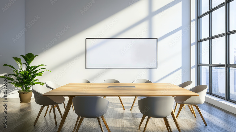 Modern conference room with wooden table in a bright urban business environment Modern conference room with wooden table in a bright urban business environment