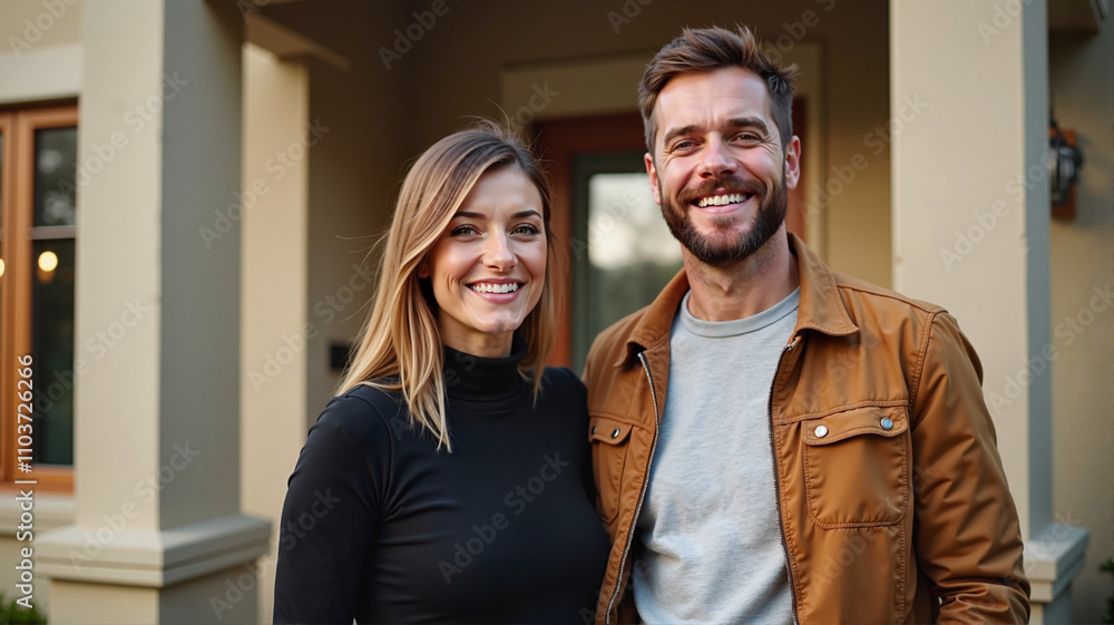 Smiling couple posing outside a beige house with blue shutters Smiling couple posing outside a beige house with blue shutters