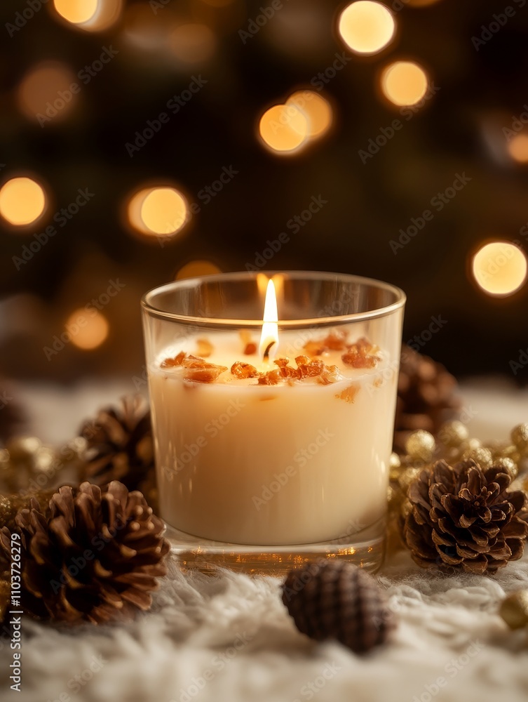 Christmas Candle with Warm Glow and Pine Cones - Festive Christmas candle, warm glow, pine cones, cozy ambiance, winter holiday. Christmas Candle with Warm Glow and Pine Cones - Festive Christmas candle, warm glow, pine cones, cozy ambiance, winter holiday.