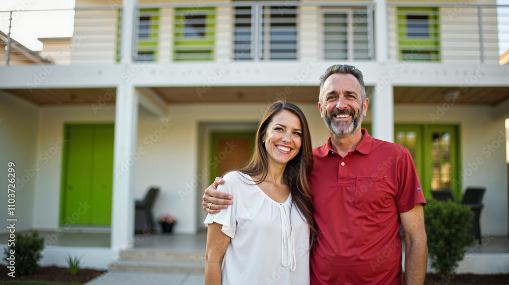 Happy couple posing outside a beige modern house with a green door Happy couple posing outside a beige modern house with a green door