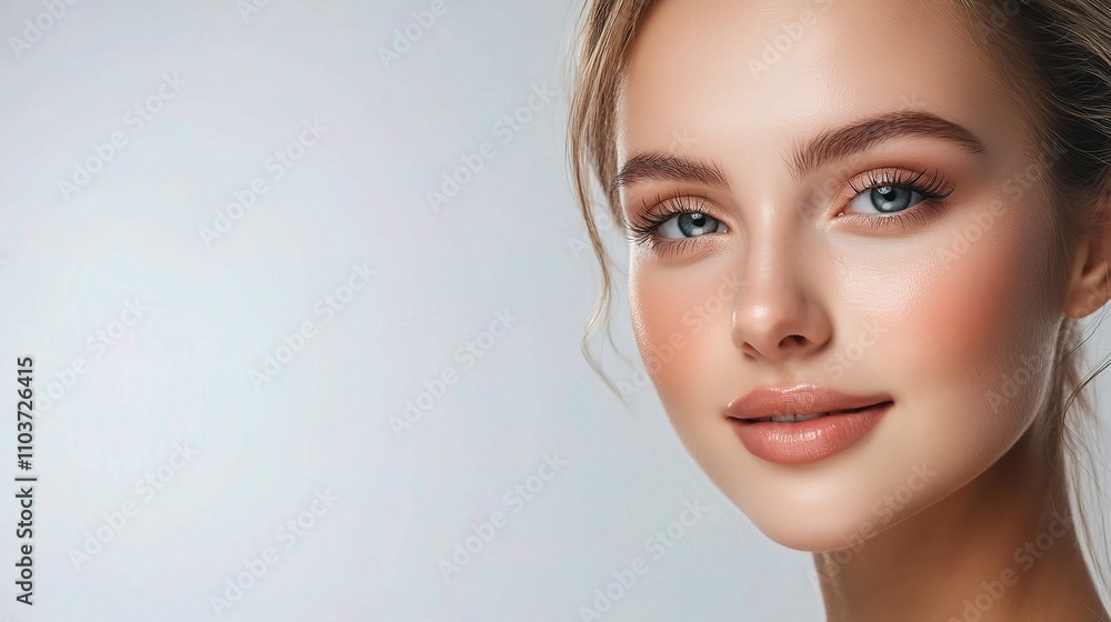 Naklejka premium Elegant Young Woman with Natural Makeup and Bright Blue Eyes