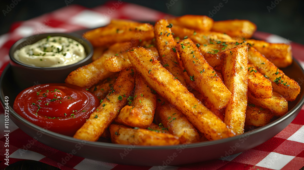 Crispy golden french fries served with ketchup and mayonnaise. Crispy golden french fries served with ketchup and mayonnaise.