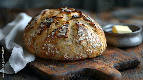 Crusty sourdough bread loaf on wooden board with butter. photo