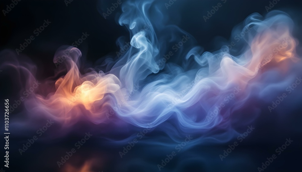 Mystical mist. Swirling smoke in dark and light symphony. Fluid fantasia. Abstract dance of fog and light on the floor with a black background. Panoramic view of the abstract fog. 