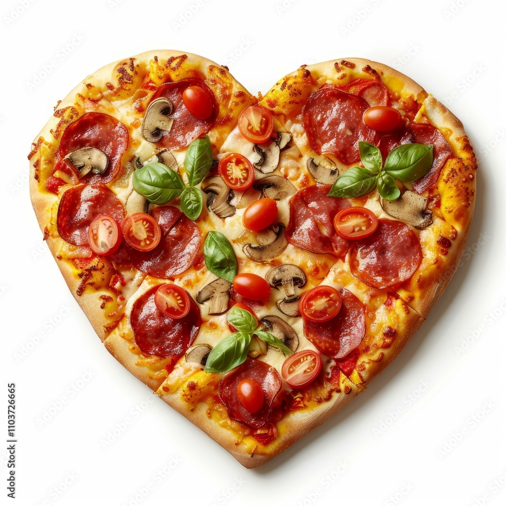 Heart shaped pizza with salami, mushroom and basil on white background Heart shaped pizza with salami, mushroom and basil on white background