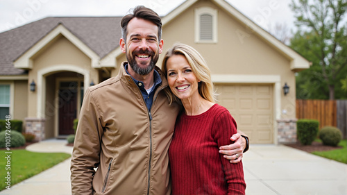 Smiling couple posing in front of a beige suburban home with a driveway