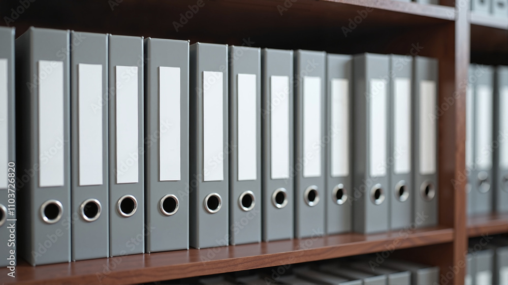 Grey file binders neatly organized on a metal office shelf