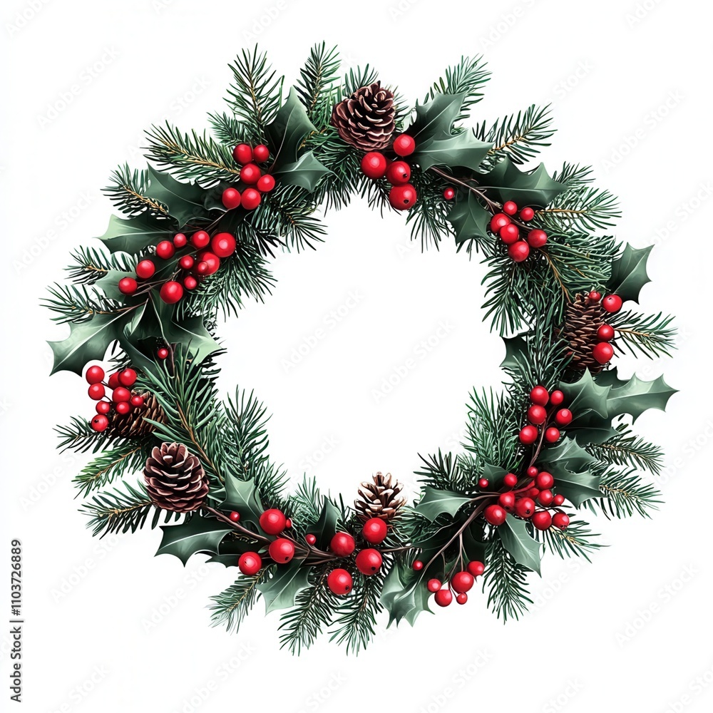 Festive Christmas wreath with pinecones and red berries, isolated. Festive Christmas wreath with pinecones and red berries, isolated.