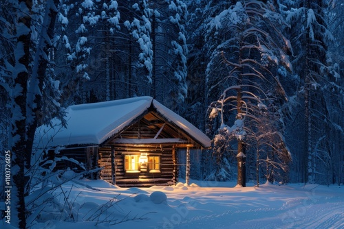 Night time in winter forest ski hut photo