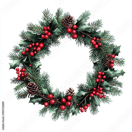 Festive Christmas wreath with pinecones and red berries, isolated.