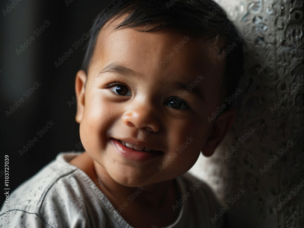 A joyful baby smiles brightly in a simple, plain background. A joyful baby smiles brightly in a simple, plain background.