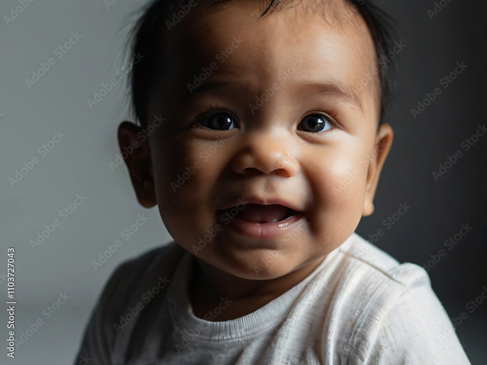 A joyful baby smiles brightly in a simple, plain background. A joyful baby smiles brightly in a simple, plain background.