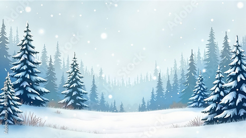 Serene snowy forest with tall evergreen trees and a soft blue sky