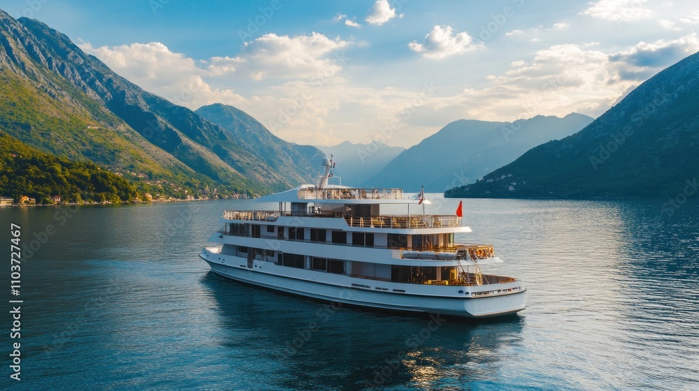 Luxury yacht cruising in a scenic mountain landscape. Luxury yacht cruising in a scenic mountain landscape.