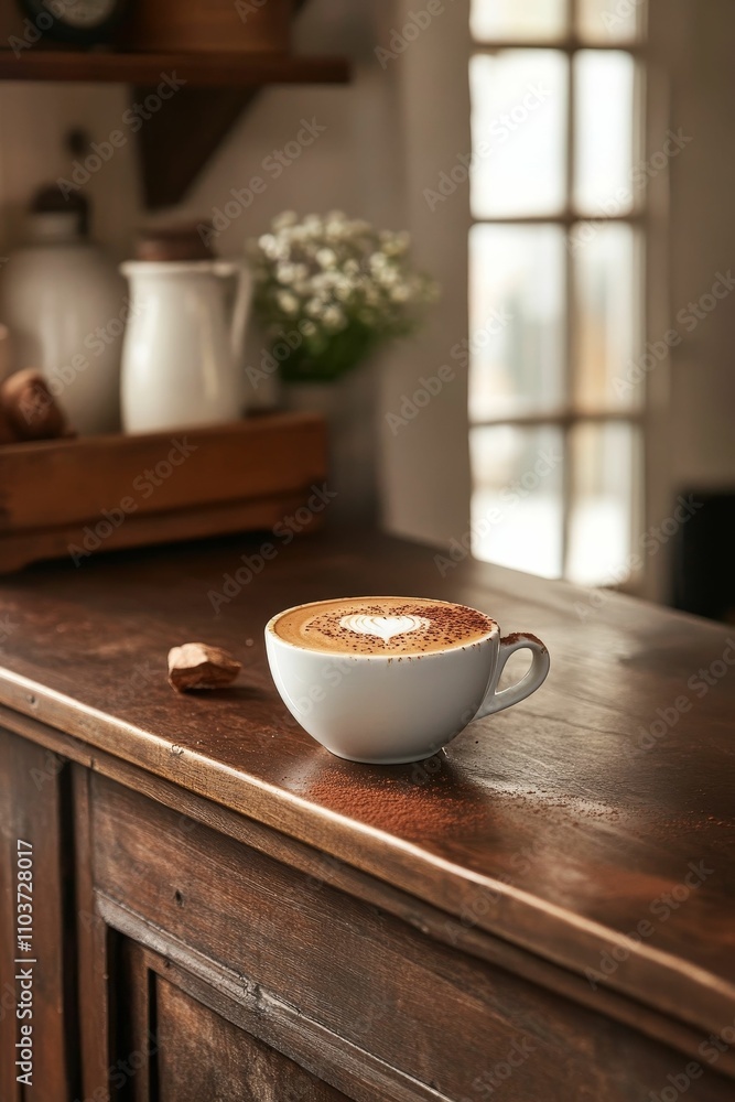 custom made wallpaper toronto digitalHeart-shaped latte art, wooden counter, coffee shop.