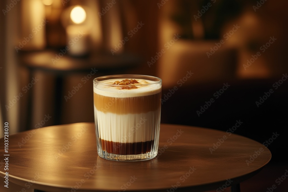Layered coffee drink on wooden table. Layered coffee drink on wooden table.