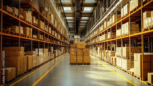 Wallpaper Mural Vast Warehouse Interior, Rows of Cardboard Boxes on High Shelving, Sunlight Streaming Through High Ceilings, Creating a Bright and Spacious Atmosphere. Torontodigital.ca