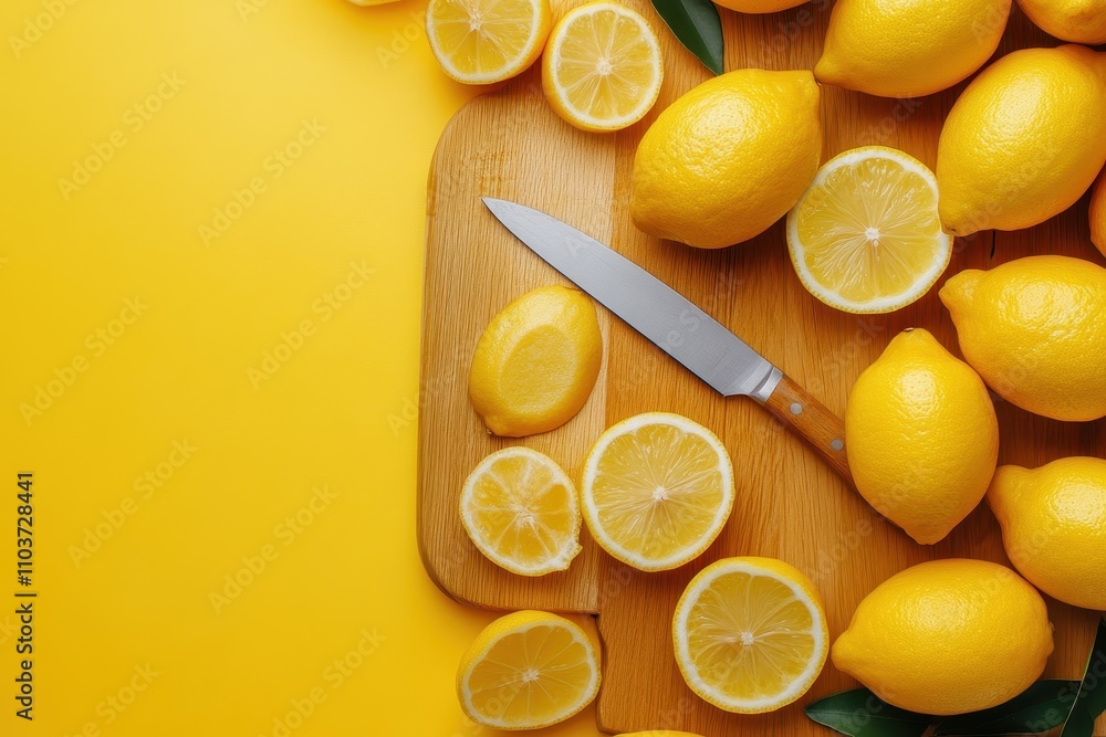 Overhead view with space for fresh lemons on cutting board Healthy food concept Background with lemon slices squeezer knife Overhead view with space for fresh lemons on cutting board Healthy food concept Background with lemon slices squeezer knife
