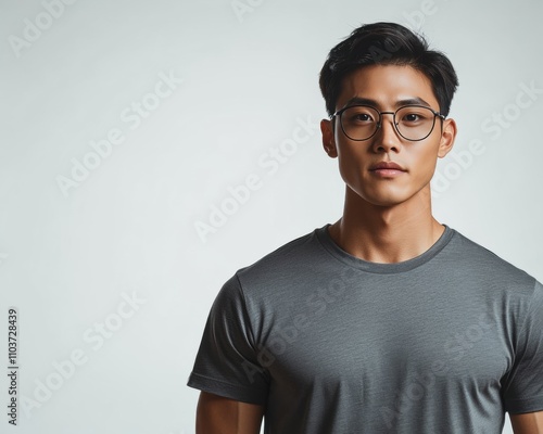 Young man with glasses in a grey t-shirt against a minimalistic background, showcasing confidence and modern style in a studio portrait setting.