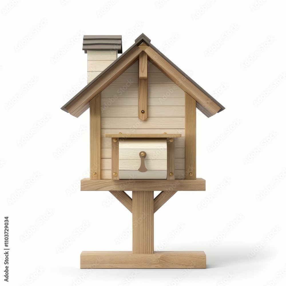 Wooden mailbox shaped like a house standing on support structure Wooden mailbox shaped like a house standing on support structure