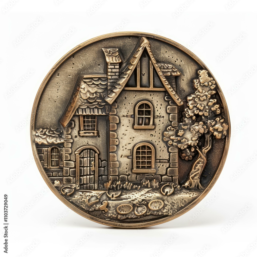 Fototapeta premium Round bronze medallion featuring embossed stone house with tree
