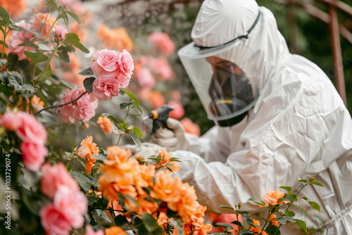 Generative AI Image of Gardener in Protective Gear Spraying Flowers in Greenhouse photo