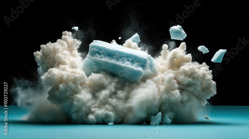 A glacier collapsing into a turquoise fjord with icebergs breaking away photo