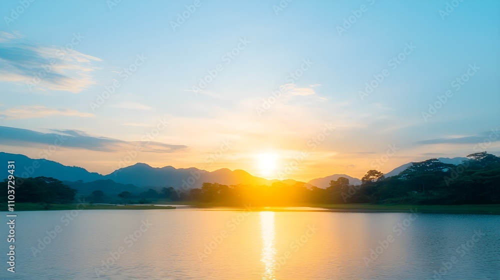 Fototapeta premium Serene sunset over a tranquil lake and mountains
