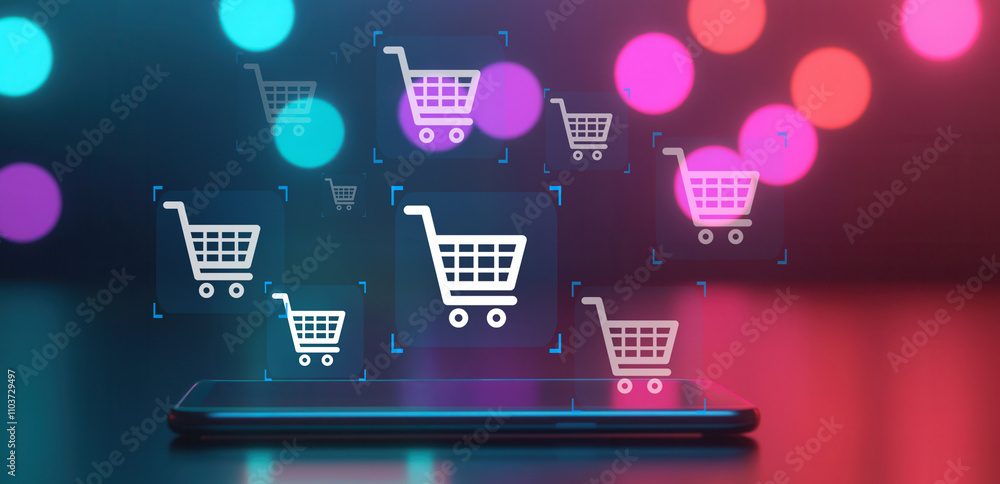 A smartphone displays shopping cart icons against a colorful, blurred background, symbolizing online shopping and digital commerce. A smartphone displays shopping cart icons against a colorful, blurred background, symbolizing online shopping and digital commerce.