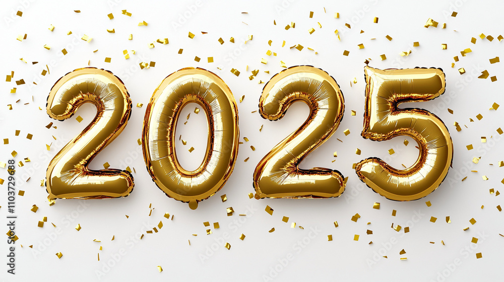 Minimalistic 2025 text in 3D golden balloons with a festive confetti explosion on a clean white background, perfect for New Year celebration themes and holiday designs.
Minimalistic 2025 text in 3D golden balloons with a festive confetti explosion on a clean white background, perfect for New Year celebration themes and holiday designs.