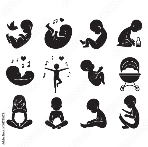 Newborn baby black set silhouette vector illustration