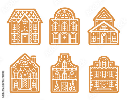 Christmas gingerbread houses vector design. Set of Traditional festive decorative gingerbread cookies.