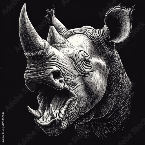 Fierce rhino head roaring, its large horn in focus and teeth bared, symbolizing strength and intimidation. The scratchboard-style design showcases the rugged texture and powerful expression of the photo