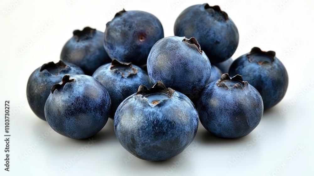 Fototapeta premium Fresh and ripe blueberries arranged on a clean white background, creating an appealing composition of assorted blueberries perfect for various design needs with copy space.