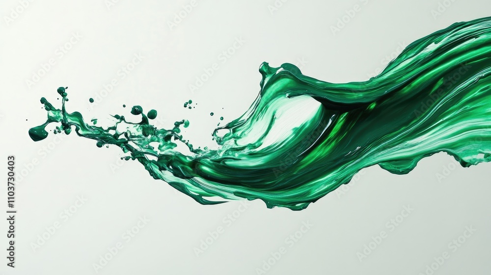Vibrant emerald green paint stroke flowing elegantly with splashes, creating a dynamic and artistic design element against a soft neutral background. Vibrant emerald green paint stroke flowing elegantly with splashes, creating a dynamic and artistic design element against a soft neutral background.