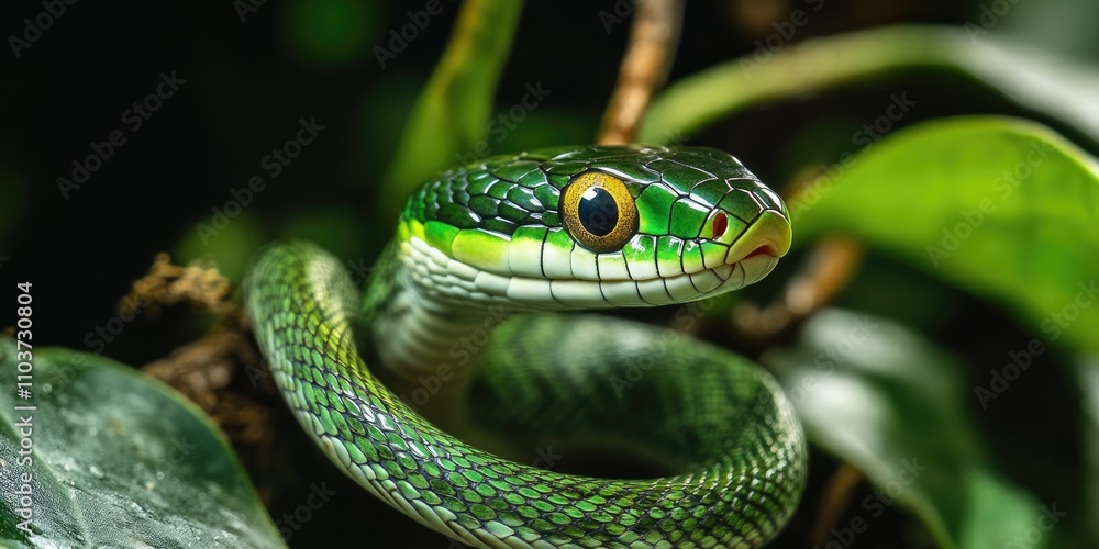A close up view captures the stunning and non dangerous metallic vine snake, showcasing its beauty and unique features in great detail. A close up view captures the stunning and non dangerous metallic vine snake, showcasing its beauty and unique features in great detail.