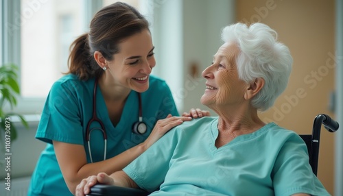 A warm interaction unfolds between a smiling nurse and an elderly woman in a wheelchair, set against a sunlit room filled with soft greenery. The nurse's gentle touch and the woman's joyful expression photo