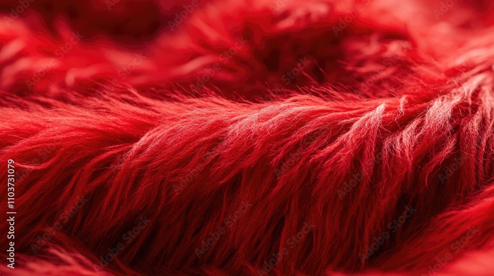 Fototapeta premium Close-up image of a red shaggy woolen textile, highlighting its rich texture and vibrant color. Ideal for showcasing fabrics, this red shaggy woolen textile adds warmth and style.