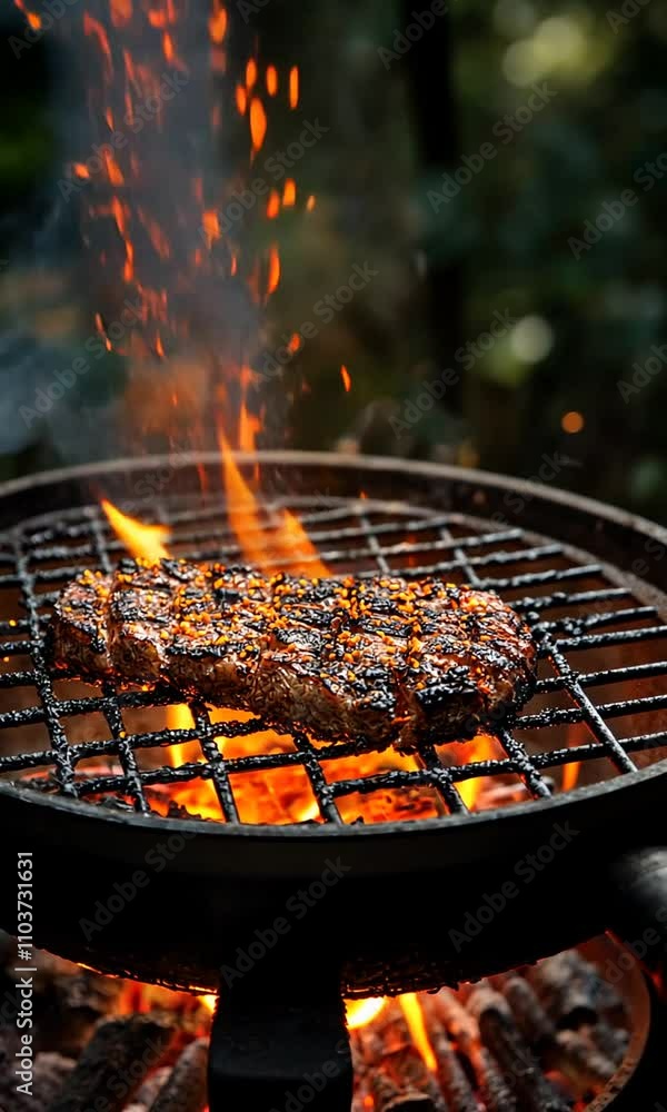 A sizzling steak on a grill, surrounded by flames and sparks, capturing the essence of outdoor cooking. A sizzling steak on a grill, surrounded by flames and sparks, capturing the essence of outdoor cooking.