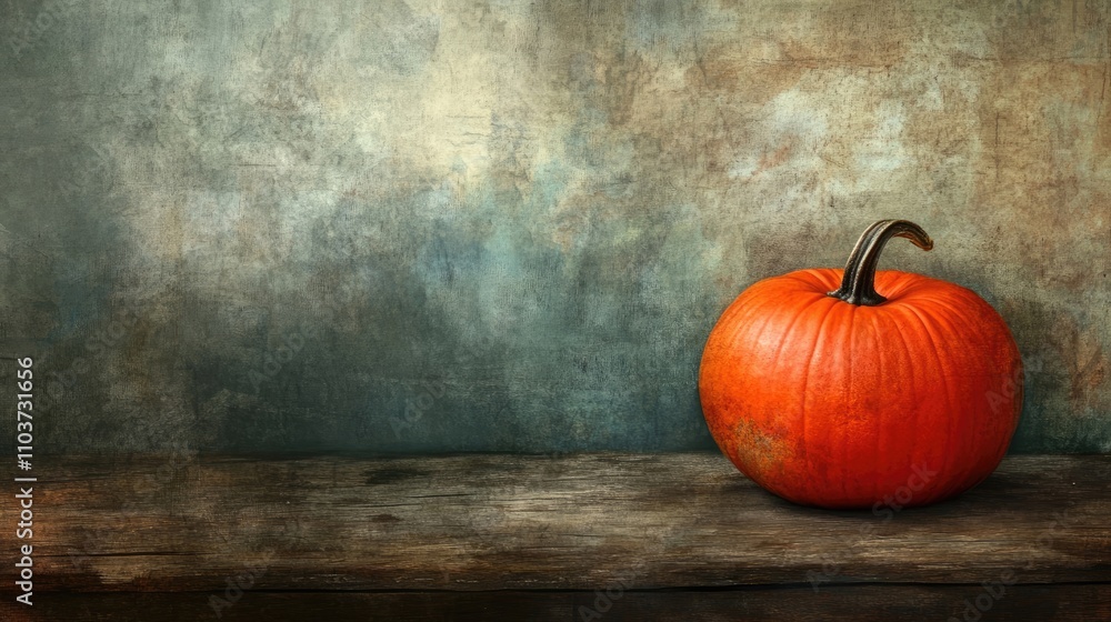 Single orange pumpkin resting on an aged wooden surface in soft light creates a spooky and mysterious atmosphere ideal for Halloween. Perfect for enhancing Halloween-themed designs. Single orange pumpkin resting on an aged wooden surface in soft light creates a spooky and mysterious atmosphere ideal for Halloween. Perfect for enhancing Halloween-themed designs.