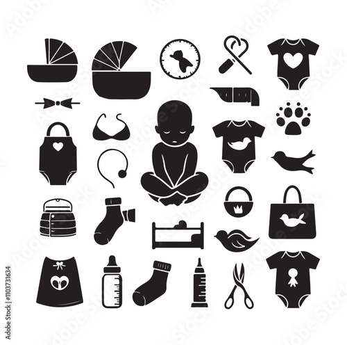 Newborn baby black set silhouette vector illustration