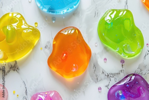 Various vibrant slimes on white marble surface up close photo