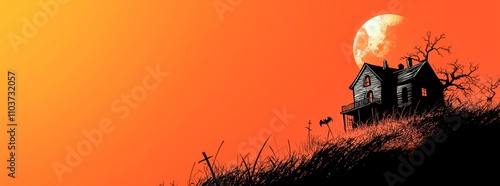 A spooky house, silhouetted against a full moon in an orange sky, rendered in a bold, flat color style, reminiscent of horror comics and 2D game graphics.