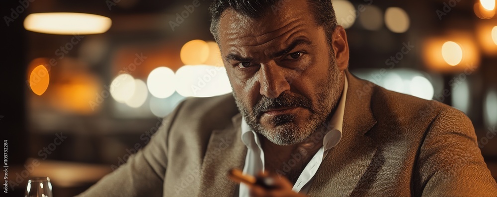Intense man with cigar in dimly lit bar Intense man with cigar in dimly lit bar