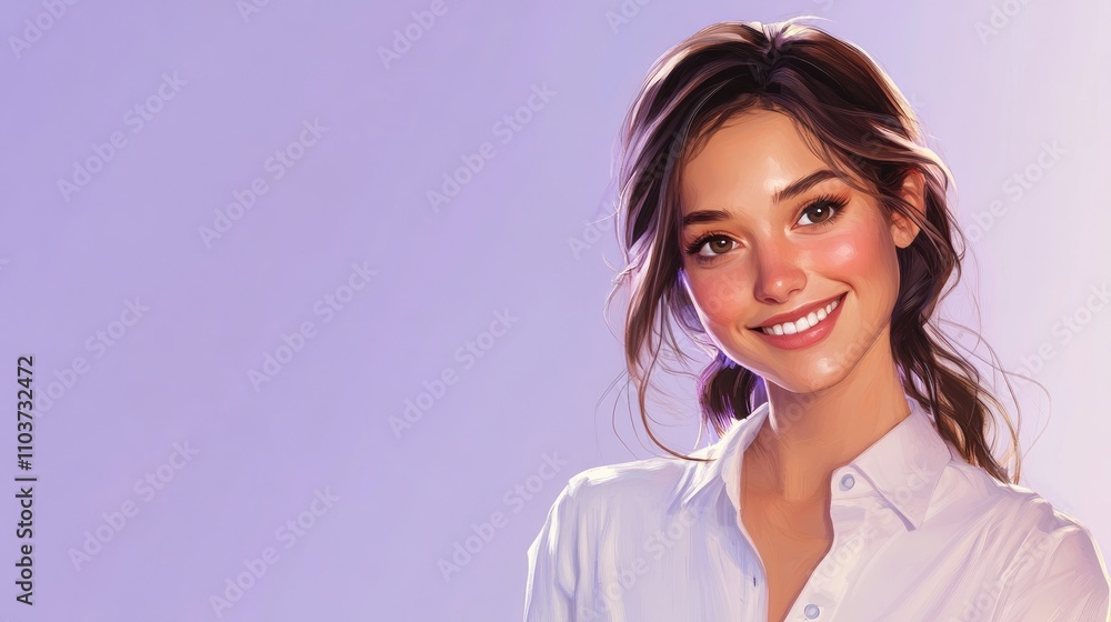 Cheerful woman in a white shirt with long hair smiles warmly against a soft lavender background, creating a calm and inviting atmosphere. Cheerful woman in a white shirt with long hair smiles warmly against a soft lavender background, creating a calm and inviting atmosphere.