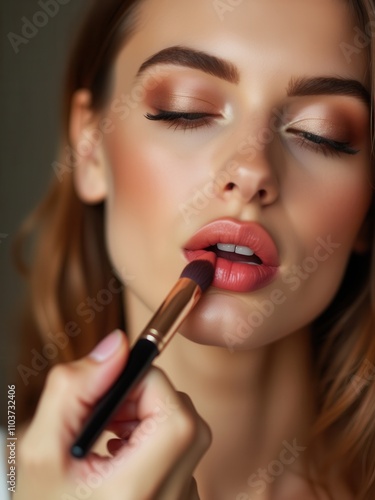 A beauty professional applies lipstick to a womans lips, highlighting her natural beauty. The warm tones of the makeup complement her features, showcasing a serene atmosphere in a well lit indoor spac