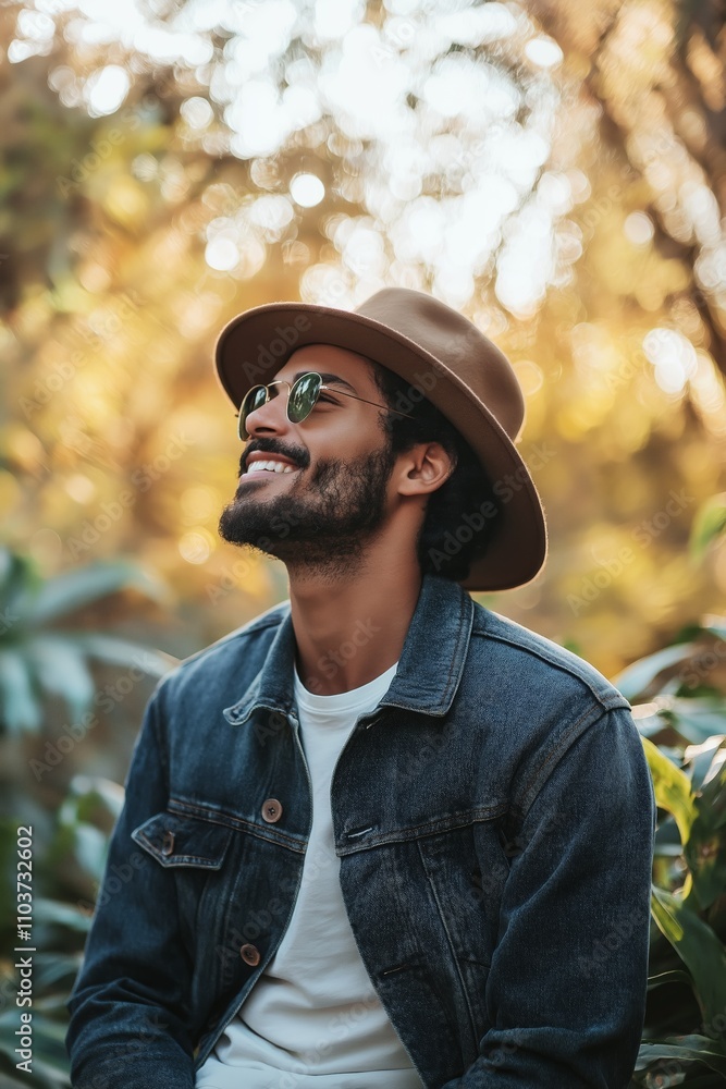 Obraz premium A cheerful man wearing a hat enjoys the beauty of nature. His smile conveys joy and warmth in the scene.