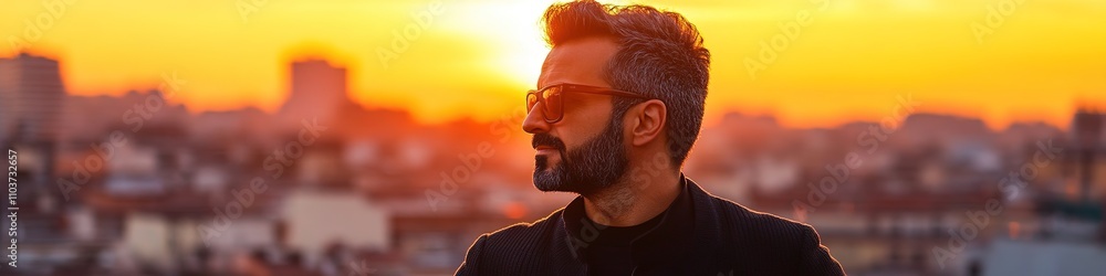 Man in sunglasses against sunset cityscape, stylish Man in sunglasses against sunset cityscape, stylish
