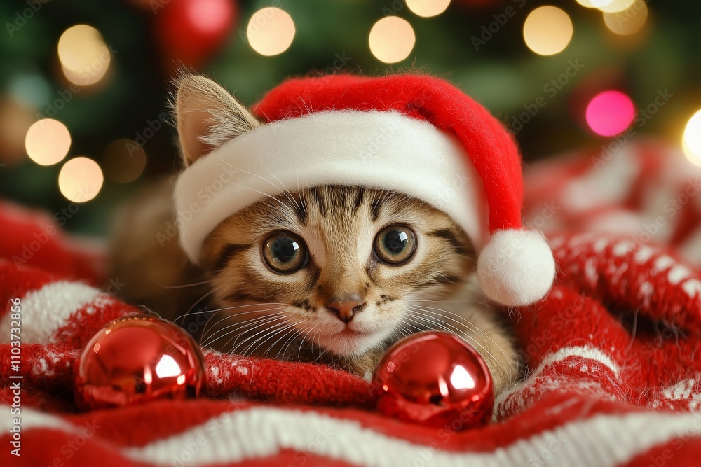 A playful cat dressed in a Santa hat surrounded by festive decorations, exuding holiday cheer and charm. A playful cat dressed in a Santa hat surrounded by festive decorations, exuding holiday cheer and charm.