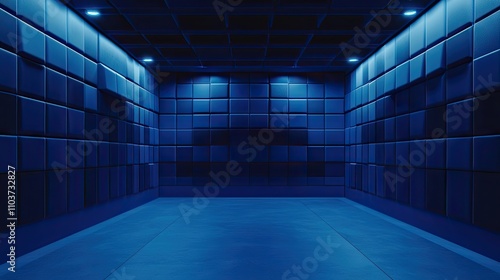 Anechoic chamber designed for sound isolation, presented in an empty, night blue room. The minimalistic style emphasizes the unique characteristics of an anechoic chamber, providing ample copy space. photo